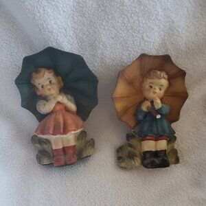 VINTAGE NORCREST JAPAN of Girl and Boy with Umbrella. Porcelain